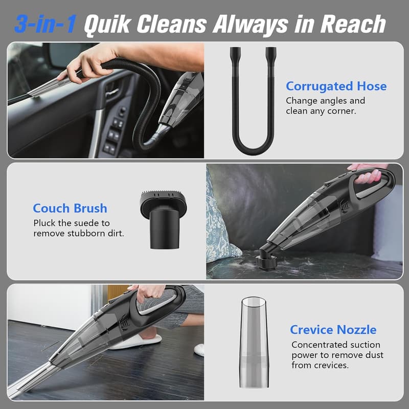 Cordless 3-in-1 Handheld Vacuum with HEPA Filter and LED Light