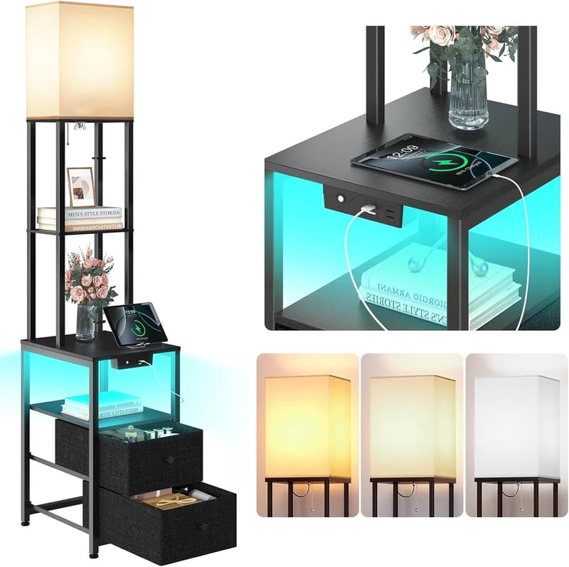 Modern Floor Lamp with USB Ports & Night-Light Mode - Black