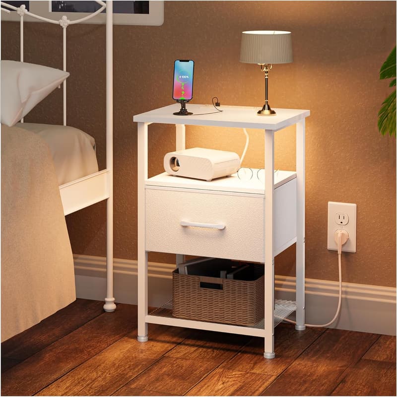LED Nightstand with Charging Station and Drawer, White