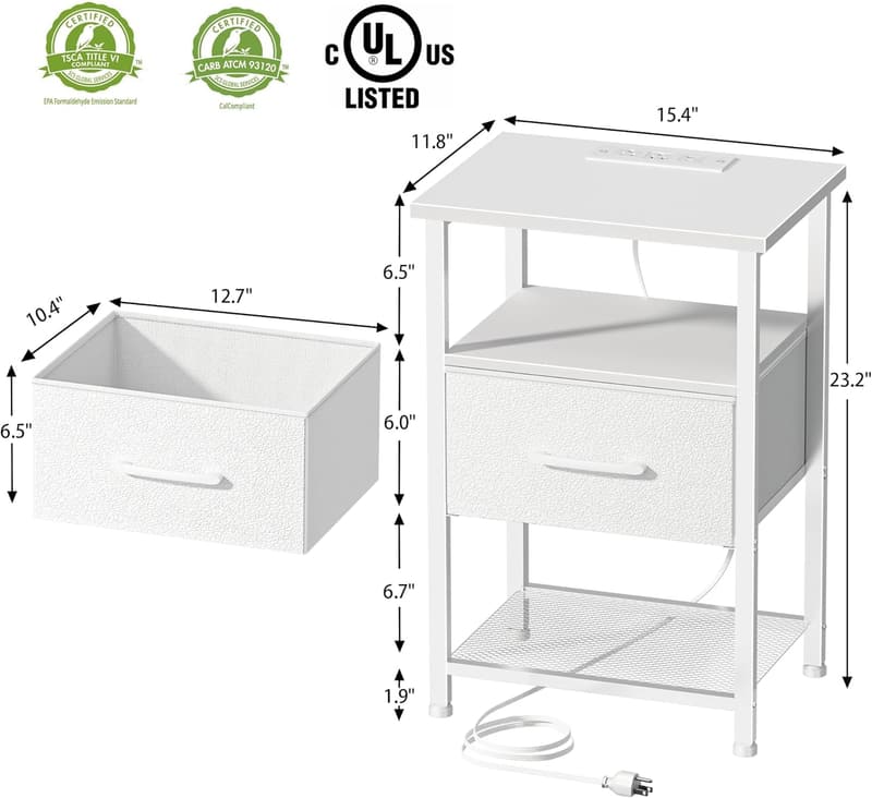 LED Nightstand with Charging Station and Drawer, White