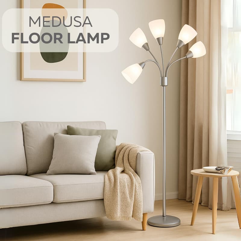 Medusa 5-Light Floor Lamp with White Shades - Modern Silver Design