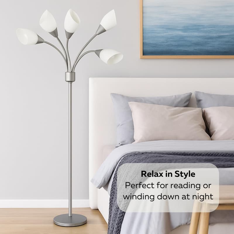 Medusa 5-Light Floor Lamp with White Shades - Modern Silver Design