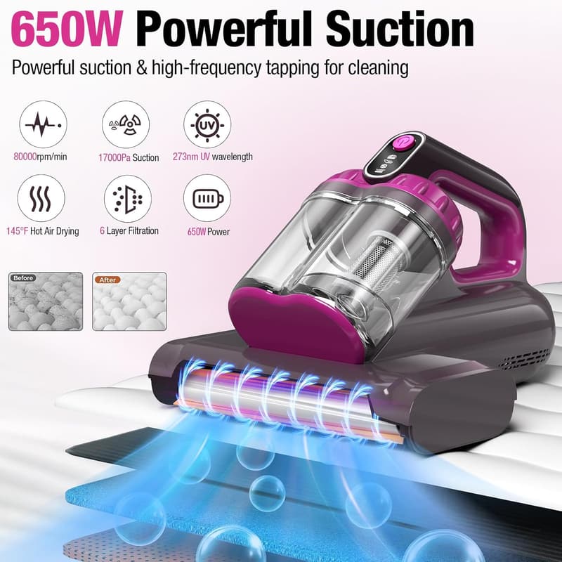 High-Power Bed Vacuum Cleaner with UV-C Light and Heat