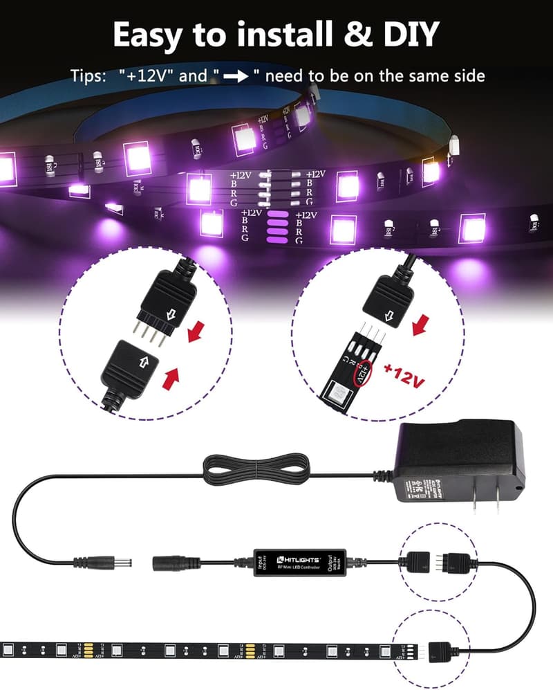 Color Changing LED Strip Lights with Remote - 4 Pre-Cut 1ft/4ft