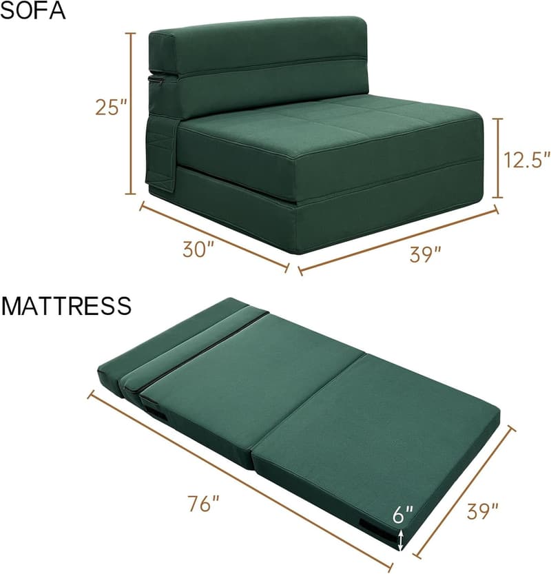 Twin Size Memory Foam Futon Sofa Bed with Pillow – Dark Green