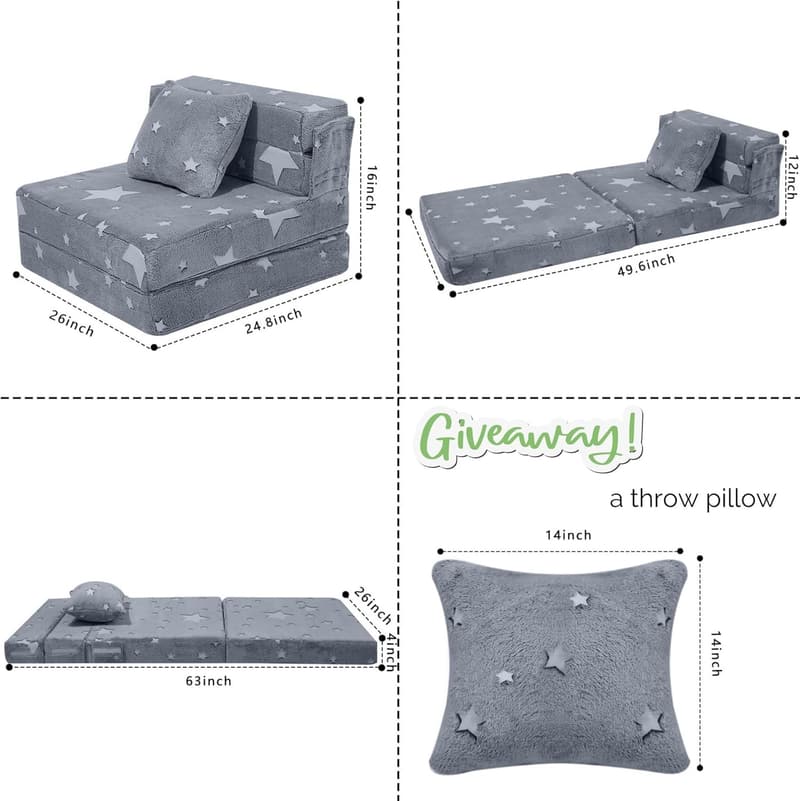 Kids' Glow-Star Tri-Fold Sofa Bed & Convertible Futon Couch