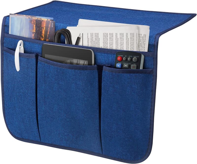 Blue Bedside Caddy Organizer for Phones, Tablets, and Magazines