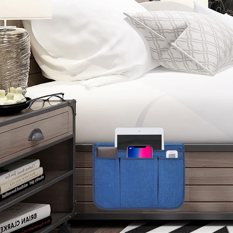 Blue Bedside Caddy Organizer for Phones, Tablets, and Magazines