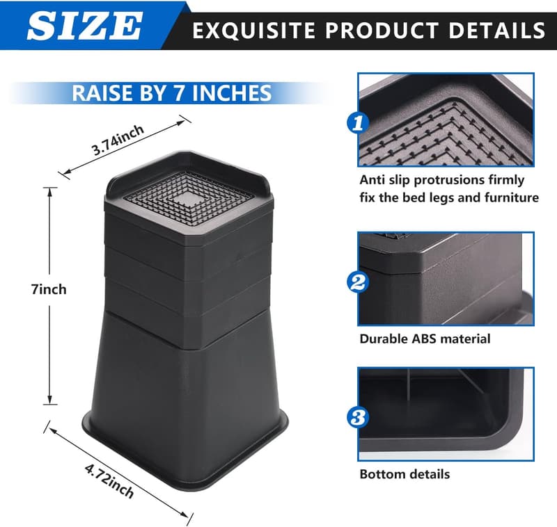 Adjustable Heavy-Duty Bed Risers for Furniture Lifting (Black)
