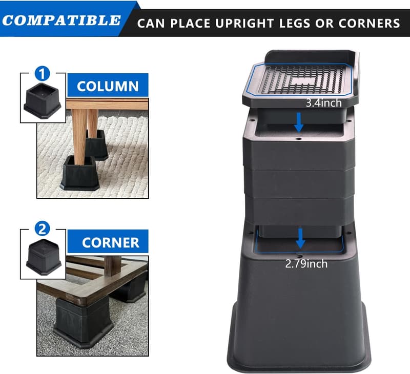 Adjustable Heavy-Duty Bed Risers for Furniture Lifting (Black)