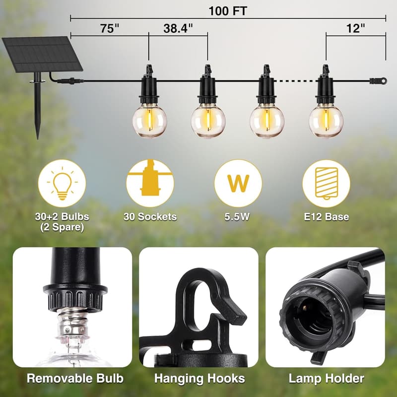 100FT Solar String Lights with Remote & USB, 32 LED Bulbs