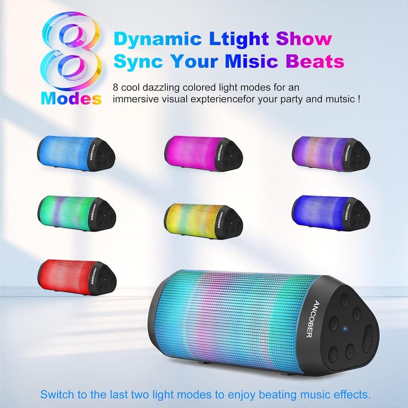 Wireless Bluetooth Speaker with Lights & HD Sound, IPX4 Waterproof