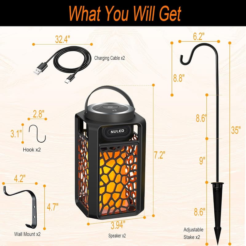 Outdoor Bluetooth 5.1 LED Flame Speakers - 10W Waterproof Tiki Torch
