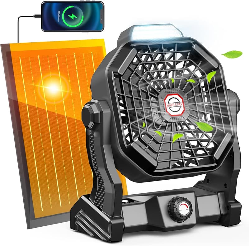 Solar-Powered 8-Inch Camping Fan & LED Lantern, 10800mAh