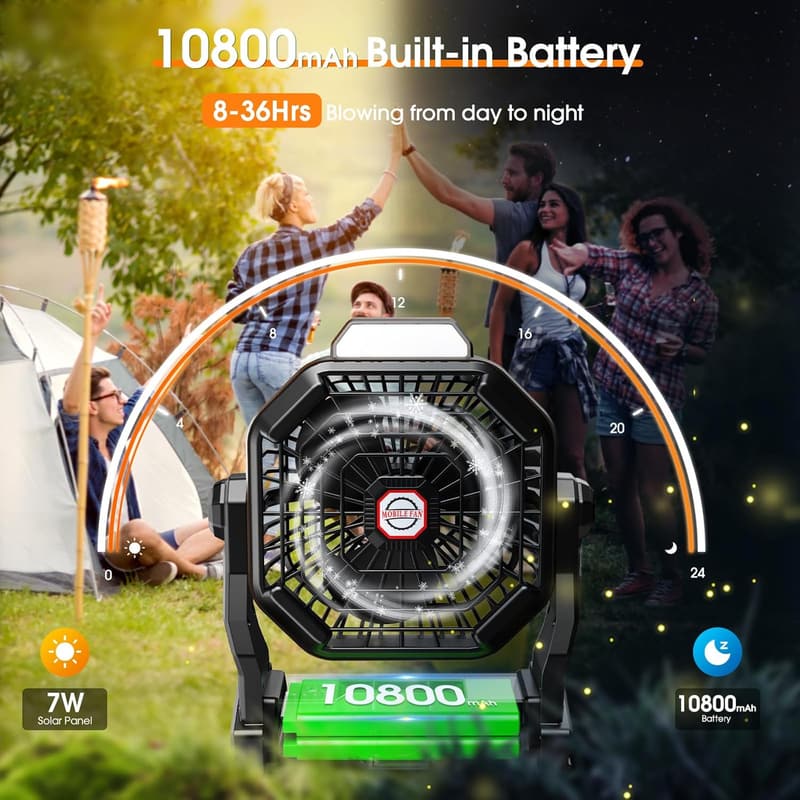 Solar-Powered 8-Inch Camping Fan & LED Lantern, 10800mAh
