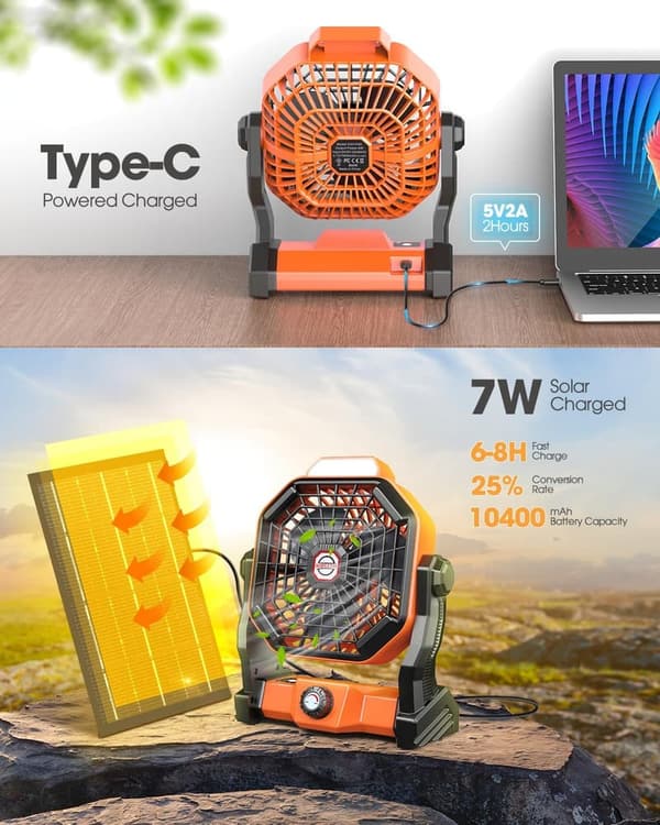 Rechargeable 7W Solar Camping Fan with LED Lantern