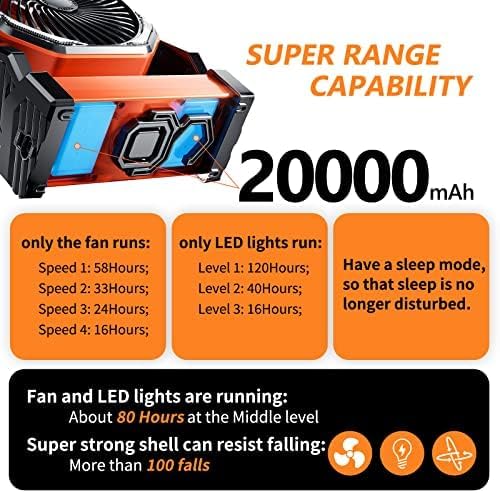 Rechargeable LED Camping Fan with 20000mAh Battery and Hook