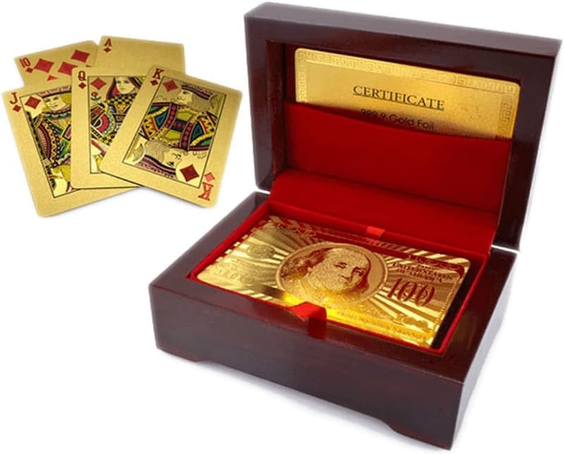 24K Gold Foil Poker Playing Cards in Wooden Box - Waterproof Party Game
