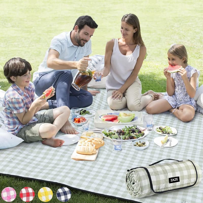Extra Large Waterproof Picnic Blanket for Couples - 80''x80'' Green & White