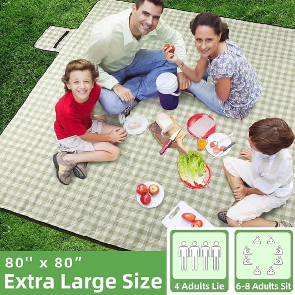 Extra Large Waterproof Picnic Blanket for Couples - 80''x80'' Green & White