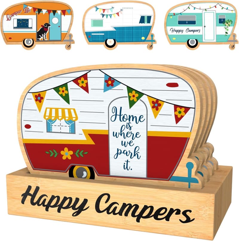 Happy Camper Bamboo Coaster Set for Camping Enthusiasts