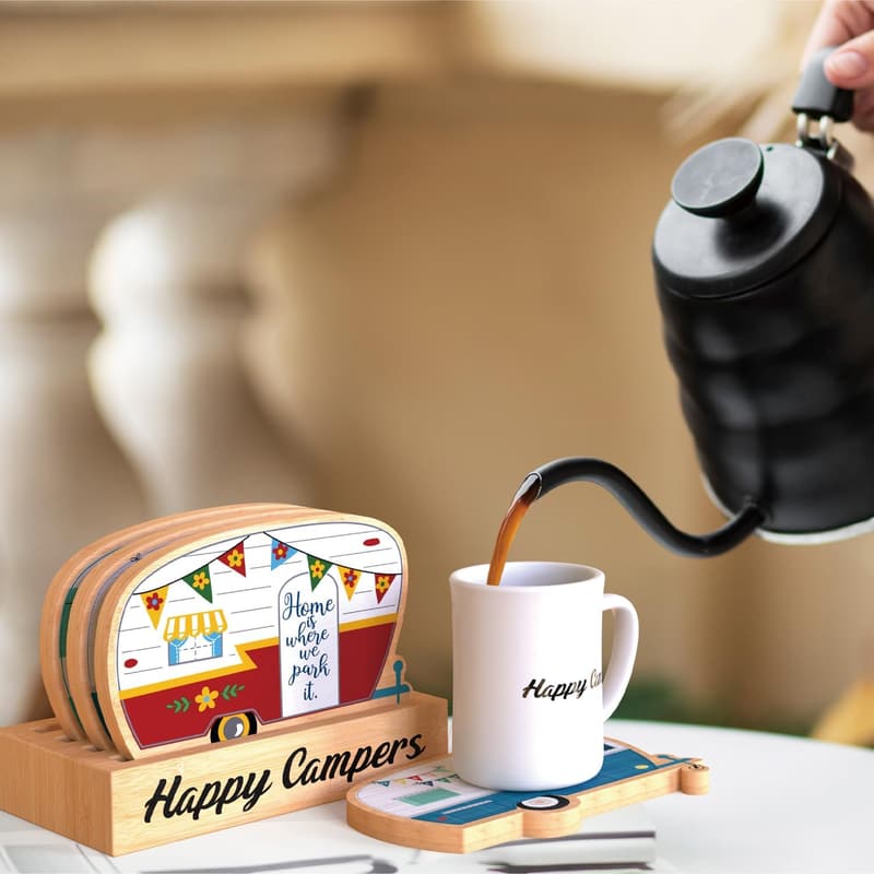 Happy Camper Bamboo Coaster Set for Camping Enthusiasts