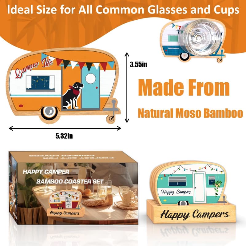 Happy Camper Bamboo Coaster Set for Camping Enthusiasts