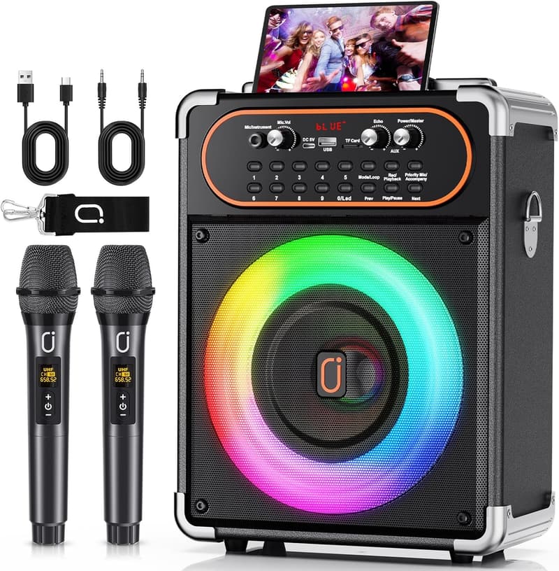 Portable Bluetooth Karaoke Machine with 2 Microphones for Parties