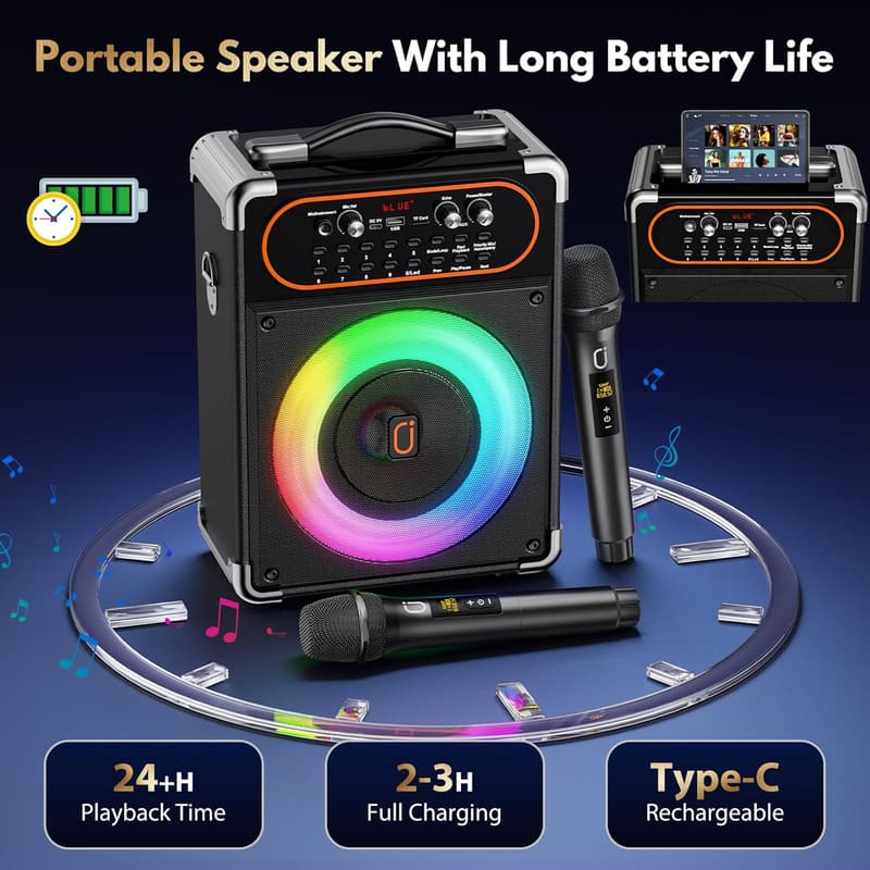 Portable Bluetooth Karaoke Machine with 2 Microphones for Parties