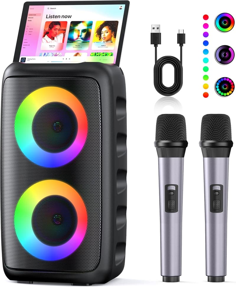 Portable Bluetooth Karaoke Machine with 2 Wireless Microphones