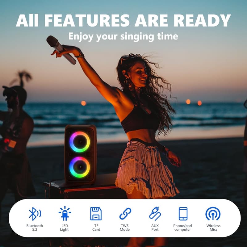 Portable Bluetooth Karaoke Machine with 2 Wireless Microphones
