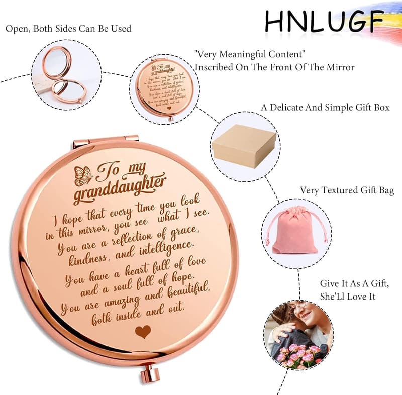 Engraved Rose Gold Pocket Mirror for Granddaughter