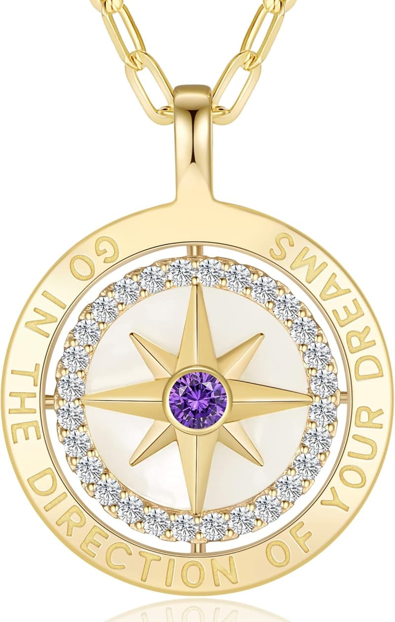 2025 Graduation Gift: S925 Silver Compass Birthstone Necklace