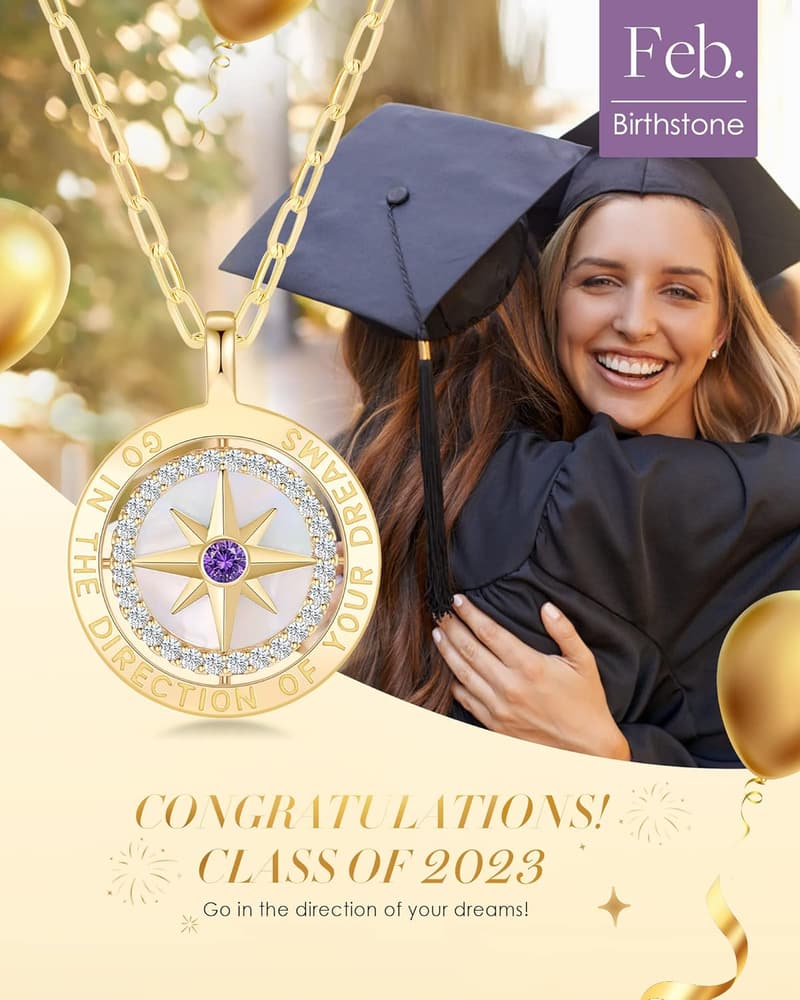 2025 Graduation Gift: S925 Silver Compass Birthstone Necklace