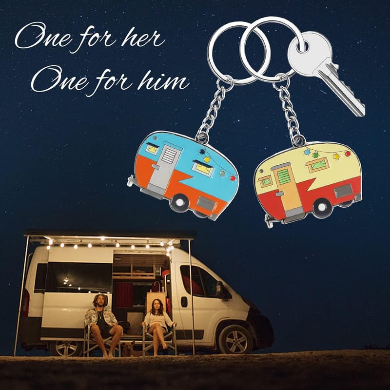 Couples Camping Keychain Set - Happy RV Keyring (2 Pack)