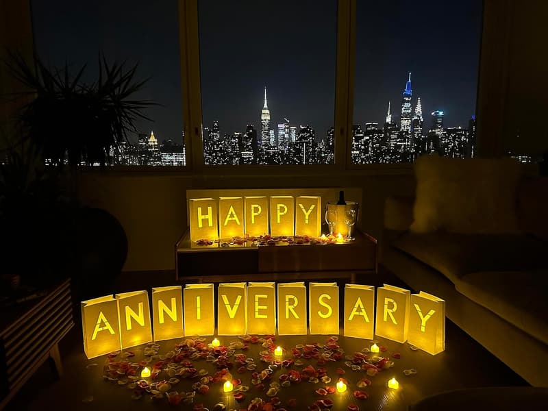 Anniversary Luminary Paper Bags with Tea Lights & Rose Petals