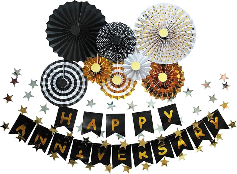Anniversary Banner and Paper Fans Party Decoration