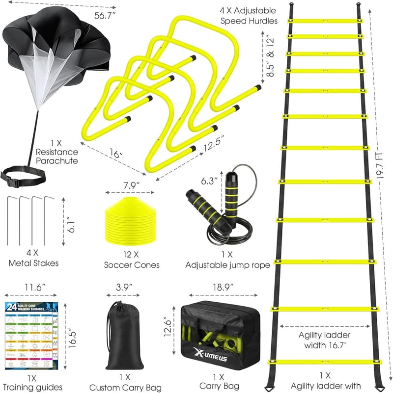Agility Ladder Training Set for Kids & Adults - 20ft with Cones & Hurdles