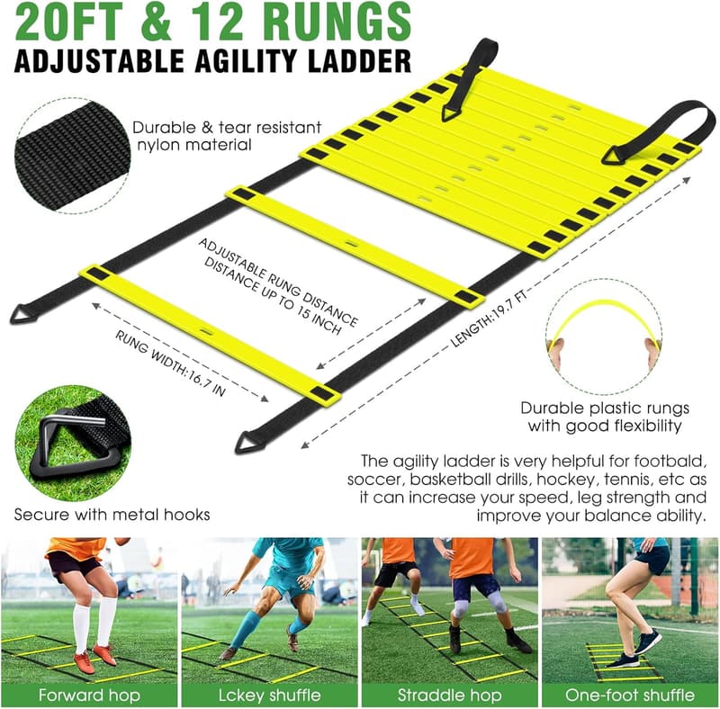 Agility Ladder Training Set for Kids & Adults - 20ft with Cones & Hurdles