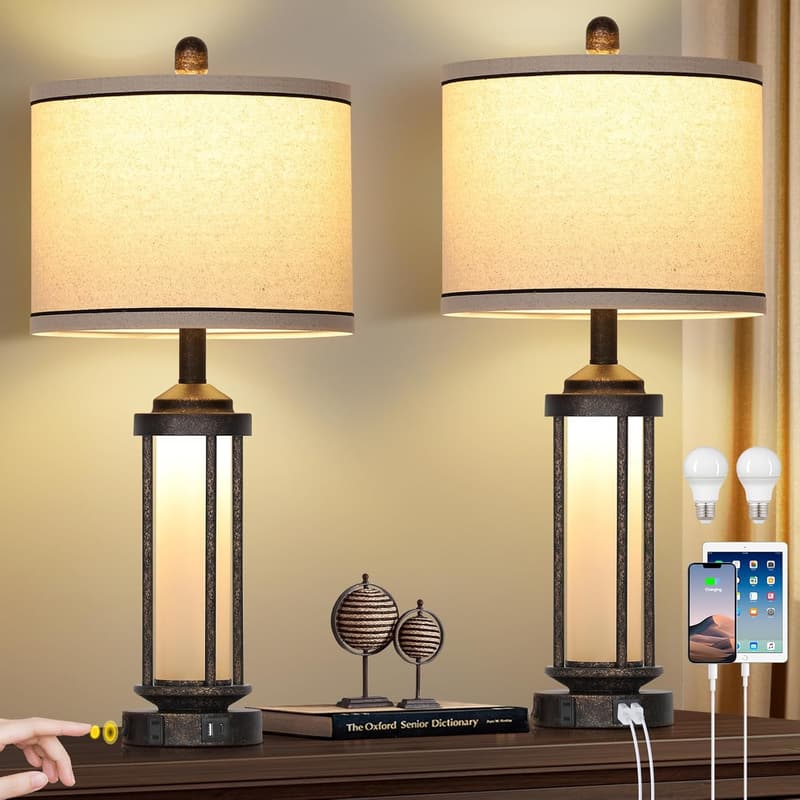 Vintage Rustic Industrial Table Lamps with USB Charging Ports