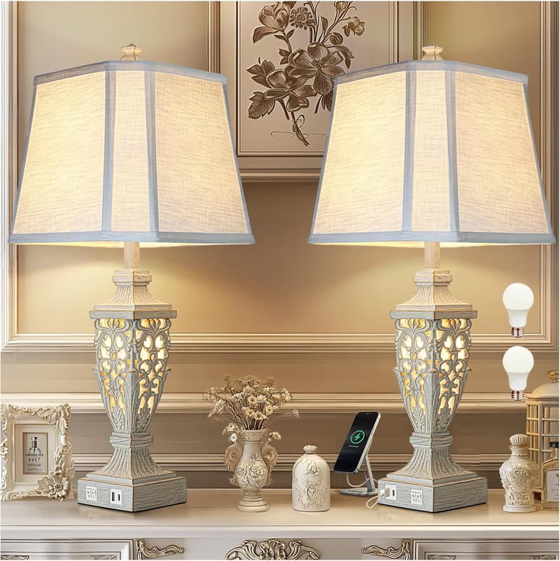 Table Lamps Set of 2 with USB Ports and Linen Shade