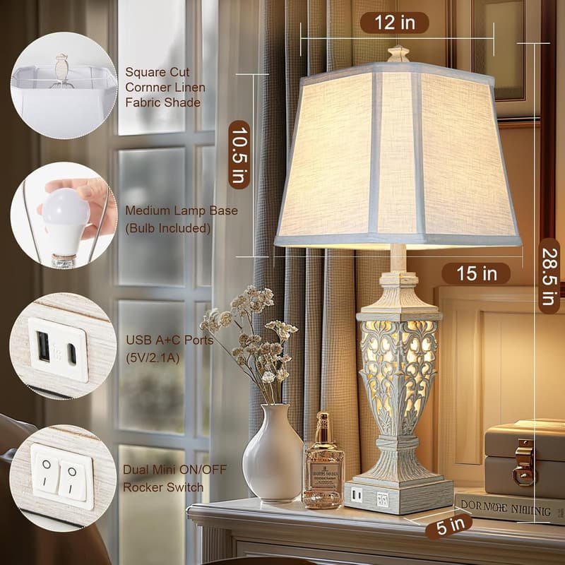 Table Lamps Set of 2 with USB Ports and Linen Shade