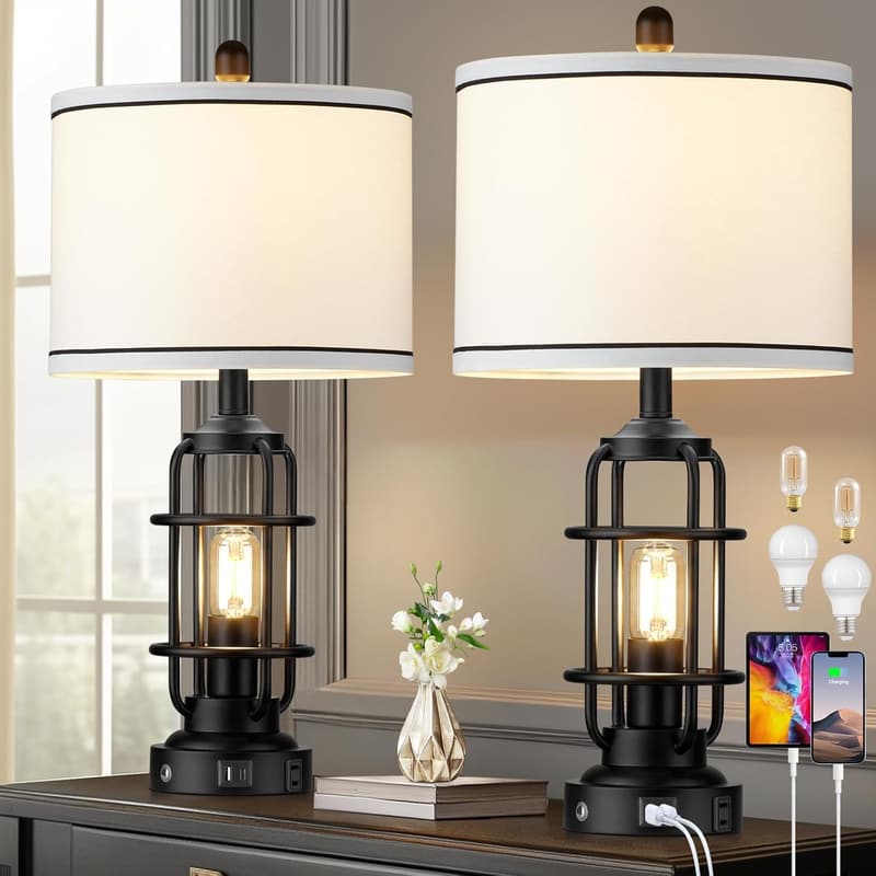 Industrial Touch Control Table Lamps Set of 2 with USB Ports