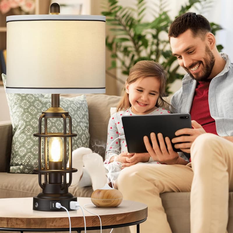 Industrial Touch Control Table Lamps Set of 2 with USB Ports