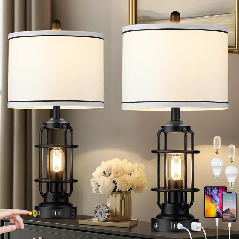 Industrial 3-Way Dimmable Touch Control Table Lamp with USB Ports