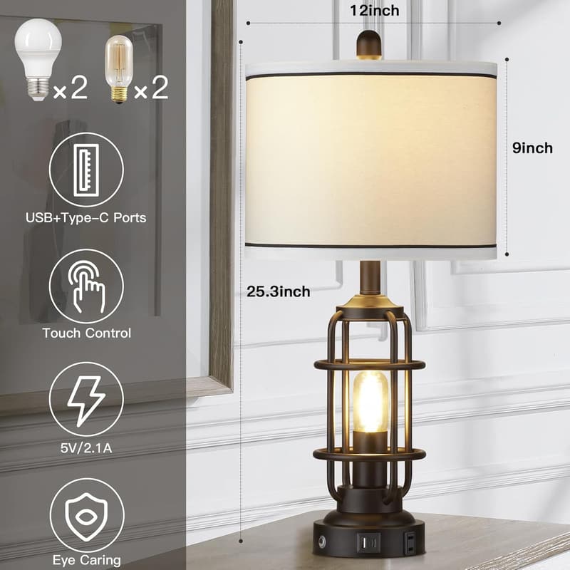 Industrial 3-Way Dimmable Touch Control Table Lamp with USB Ports