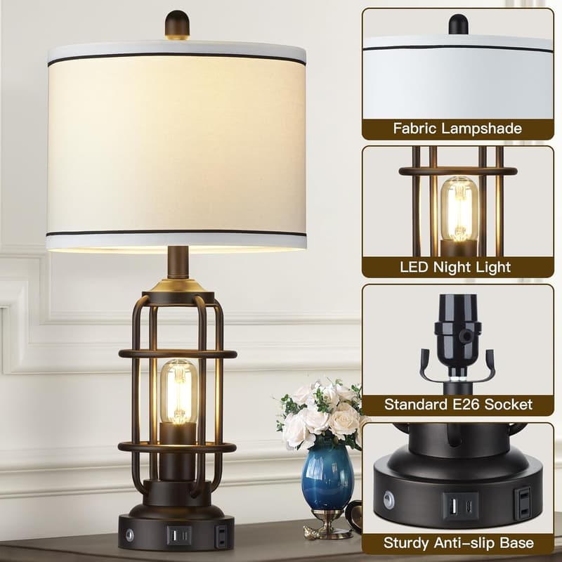 Industrial 3-Way Dimmable Touch Control Table Lamp with USB Ports