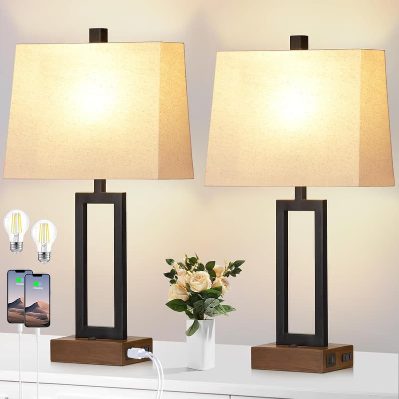 Modern Wood Table Lamp Set of 2 with USB Ports and AC Outlet