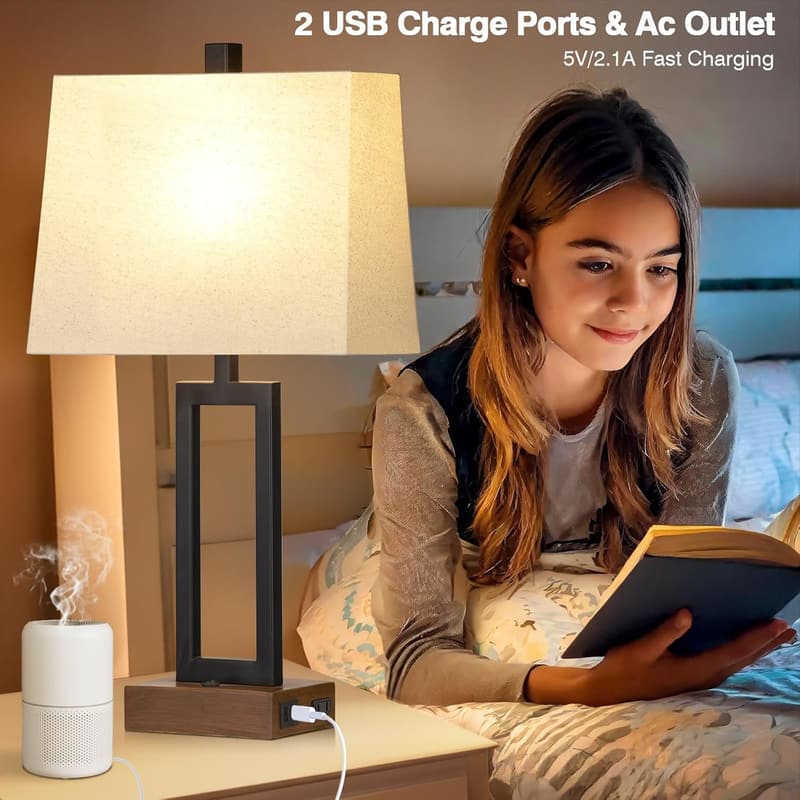 Modern Wood Table Lamp Set of 2 with USB Ports and AC Outlet