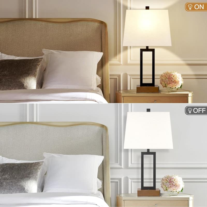Modern Wood Table Lamp Set of 2 with USB Ports and AC Outlet